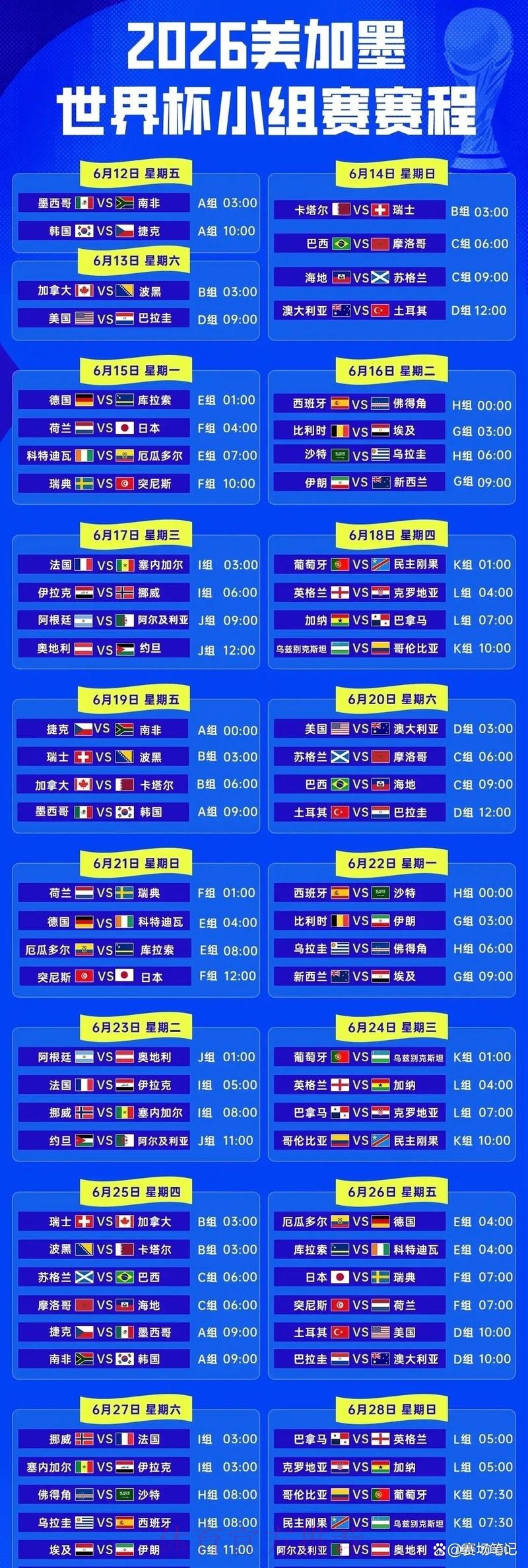 2026世界杯实时直播赛程表